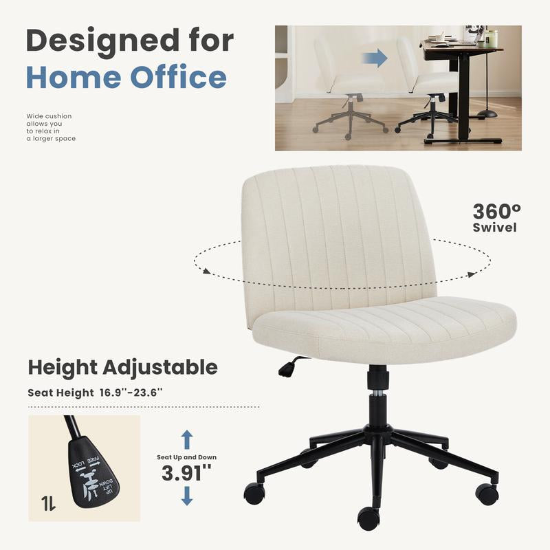 Height Adjustable Criss Cross Chair with Wheels - Armless Desk Chair Cross Legged Office Chair Wide Swivel Home Office Desk Chairs
