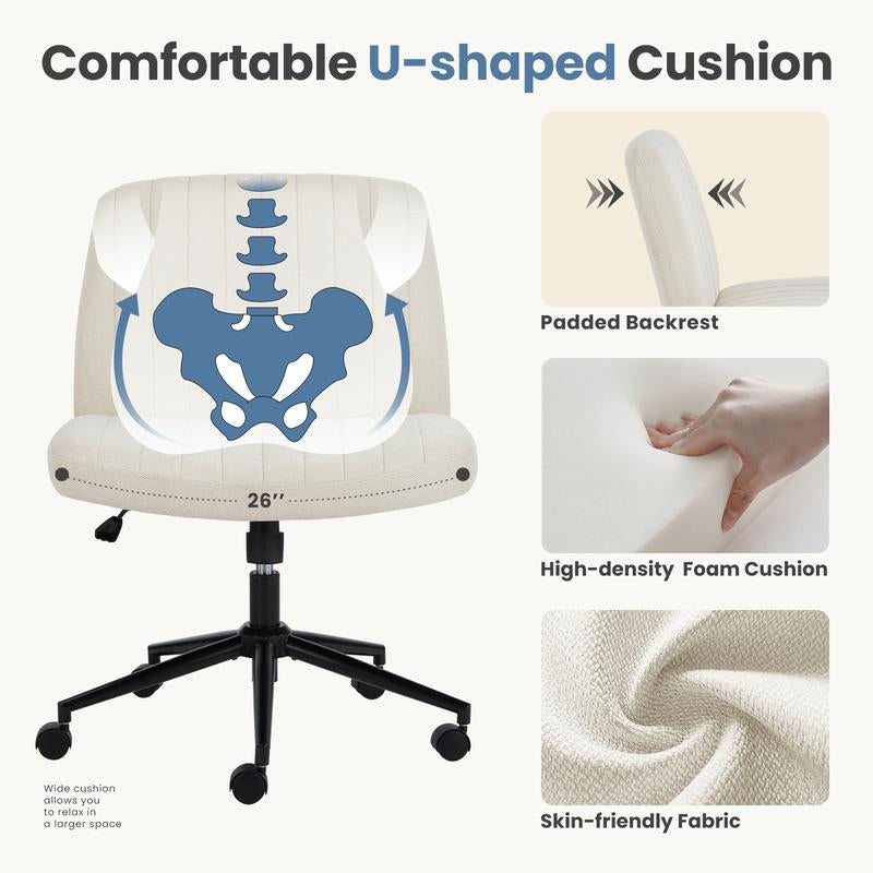 Height Adjustable Criss Cross Chair with Wheels - Armless Desk Chair Cross Legged Office Chair Wide Swivel Home Office Desk Chairs